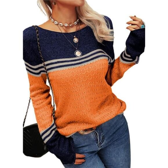 Women’s Colorblock Pullover Sweater: Slim Fitting Striped Knitwear Top - Picture 3 of 6